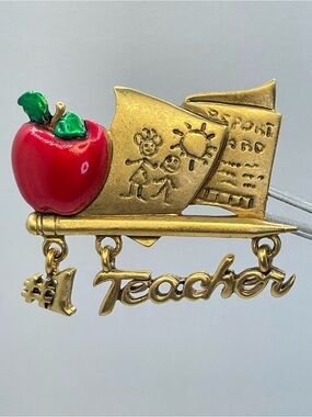 Gold Tone Teacher Apple Brooch #1 Teacher Pin School Dangle